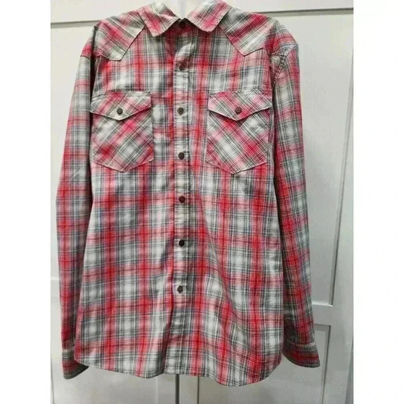 WRANGLER Mens Western Plaid Red & Gray Button Down Long Sleeve Shirt Large - Picture 1 of 6